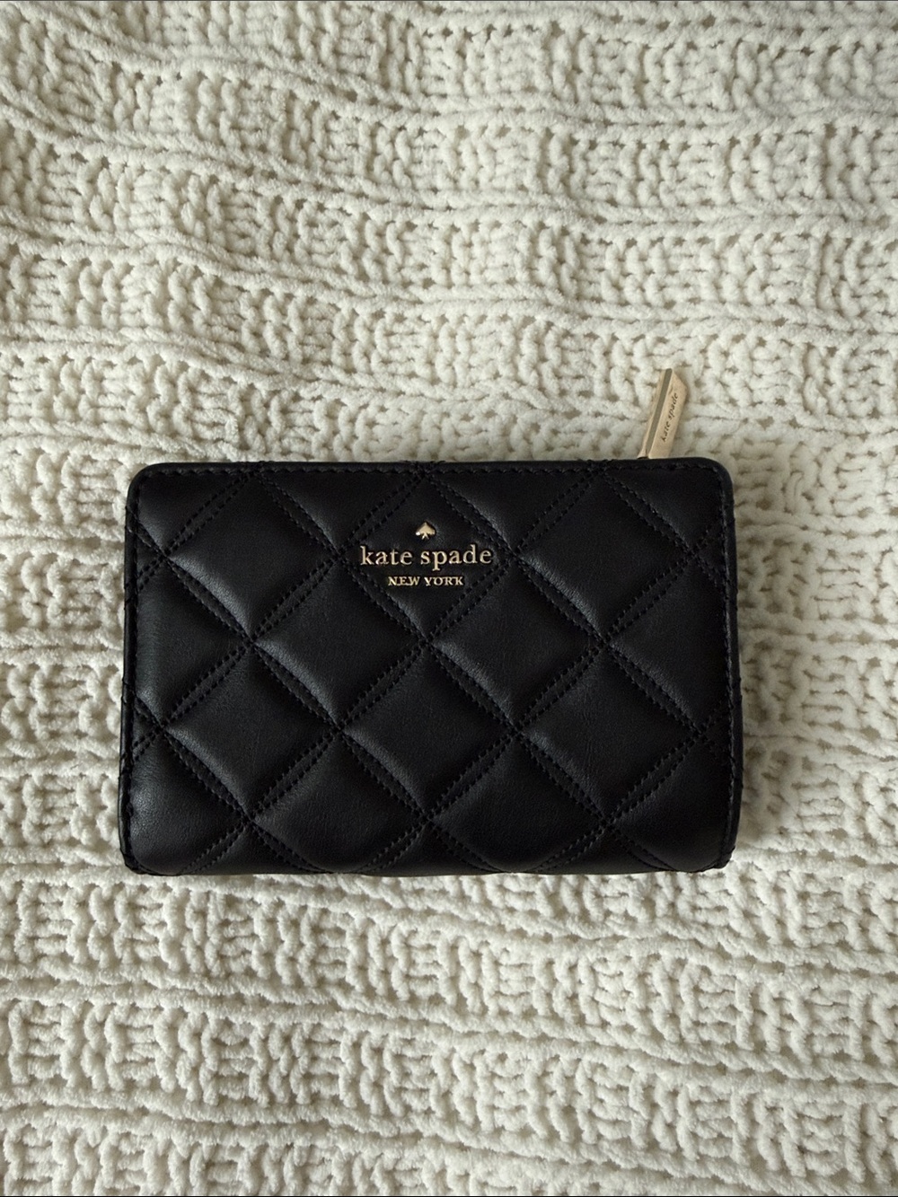 kate spade Black Quilted Leather Zip Wallet with Gold Logo